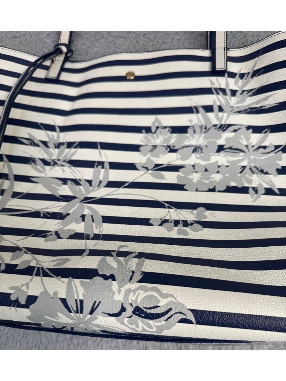 Tommy Bahama Floral Stripe Tote W/Pouch Navy White Faux Leather Travel Beach 90s - Picture 6 of 16